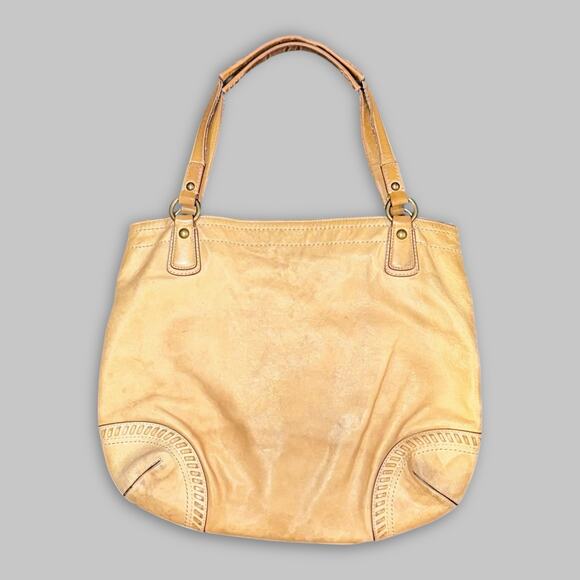Vintage Coach Poppy Tan Leather Shoulder Tote Bag with Front Buckle Pocket - Picture 2 of 6